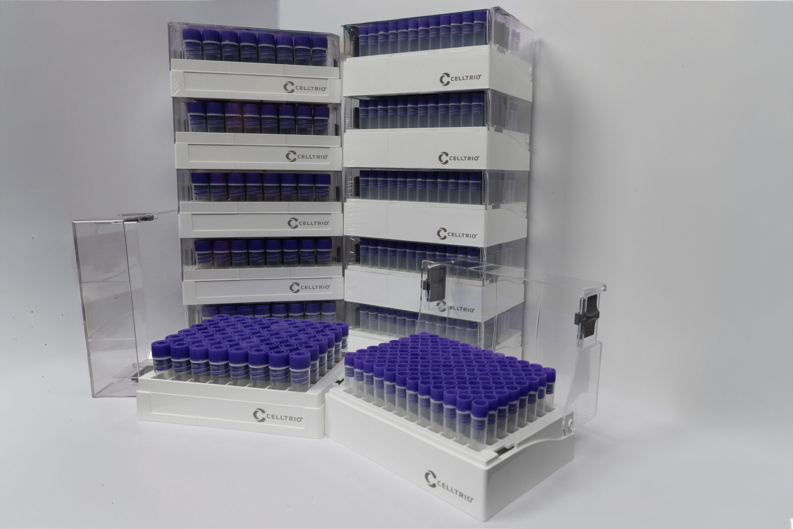 Stacked Celltrio SBS-format cryovial racks with lids
