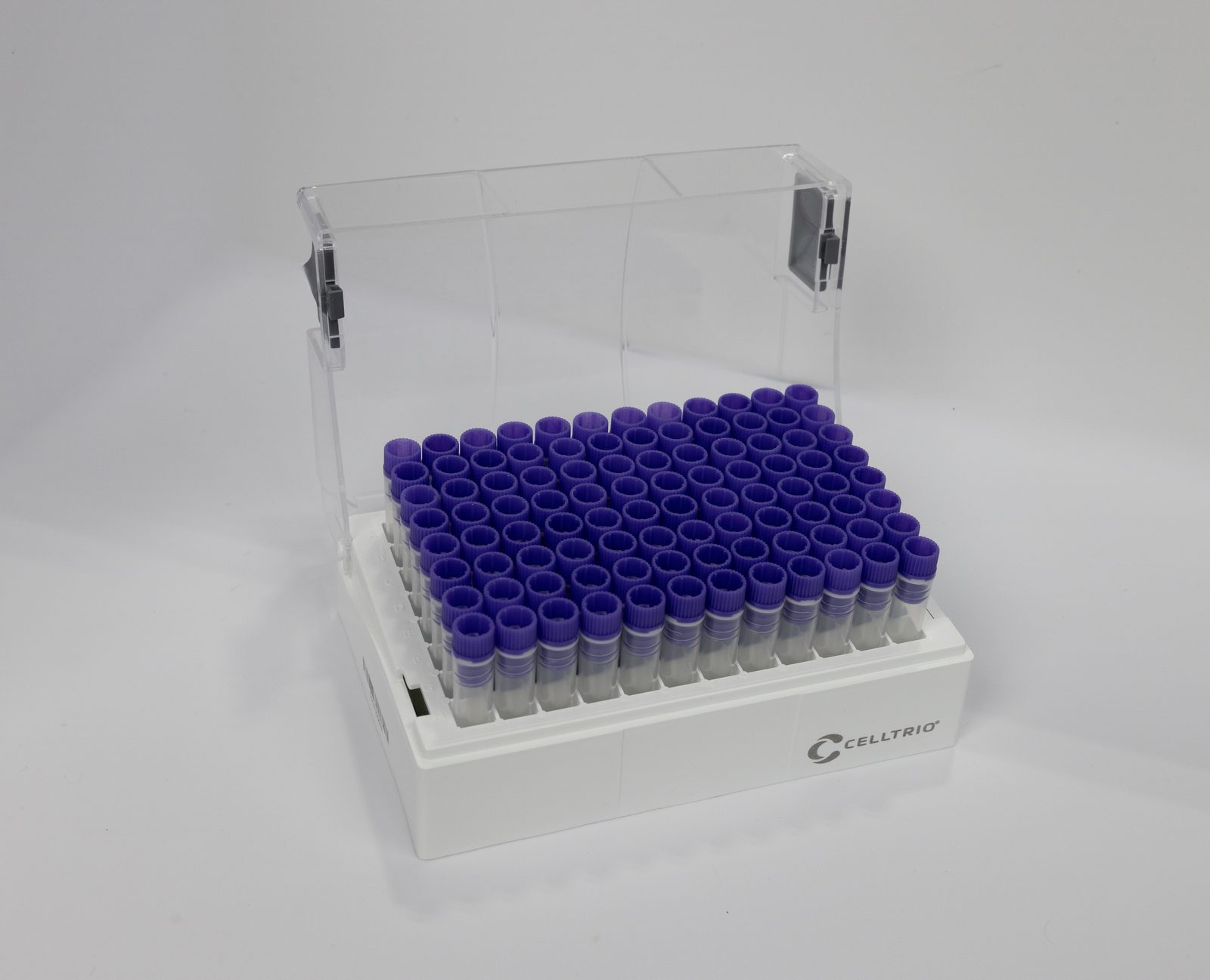 Celltrio SBS-format cryovial rack with 96 cryovials